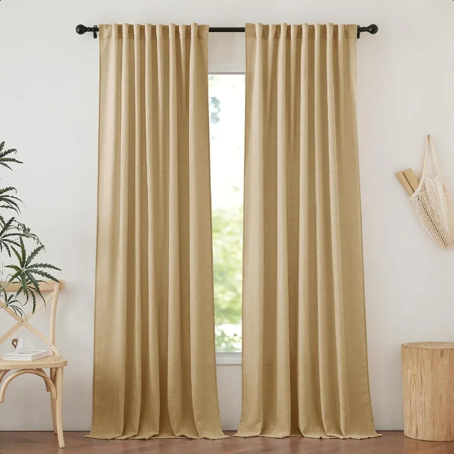 

NICETOWN Linen Brown Curtains Drapes Privacy with Light Filtering Rod Pocket Back Tab Flax Linen Burlap Window Treatments Verti