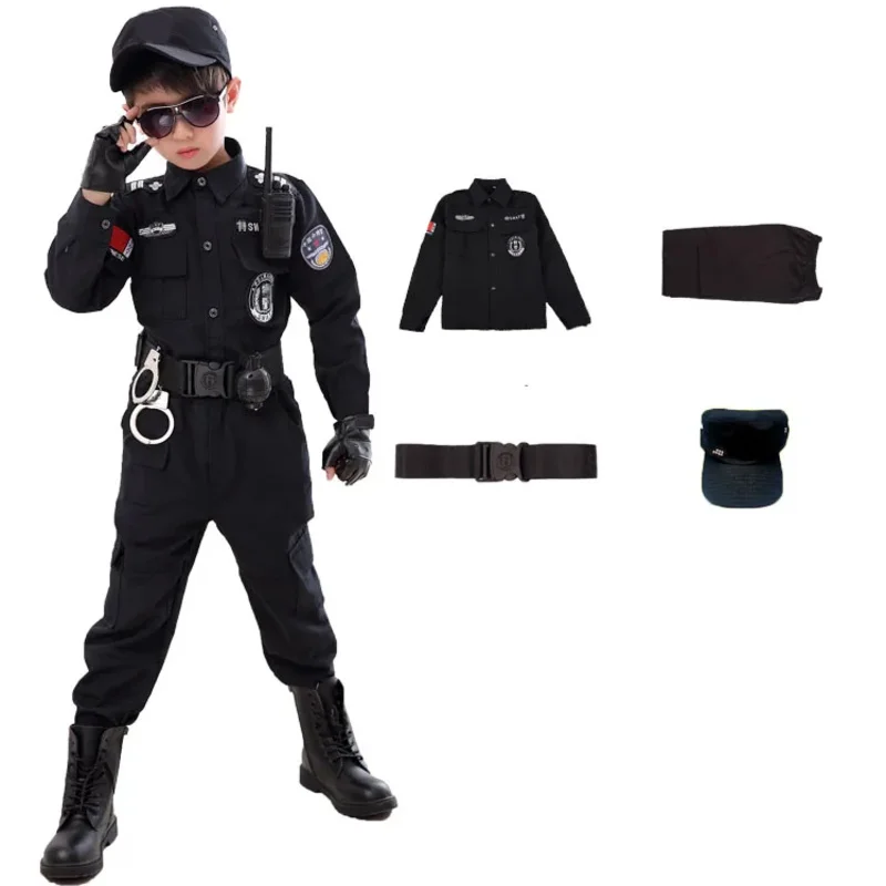 SWAT Halloween Policial Cosplay Fantasias para Crianças, Uniforme Policial de Carnaval Infantil, Soldado Policial do Exército, 110-160cm, 7 Unidades, Conjunto