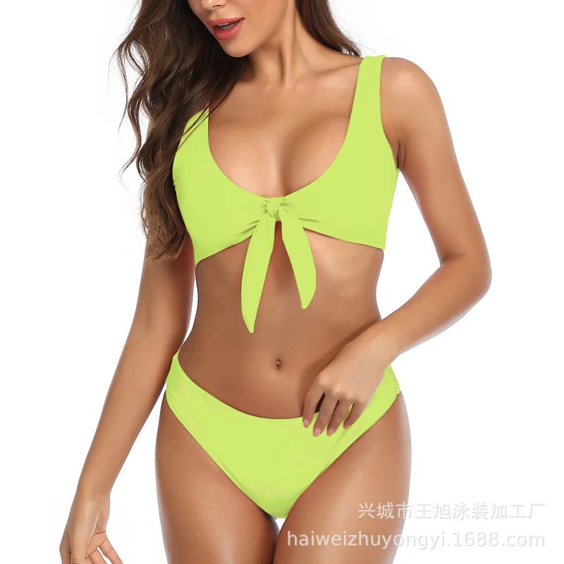 

New Bikini Solid Color Wide Shoulder Strap Knotted Two-Piece Bikini Sexy Beach Swimsuit Wholesale