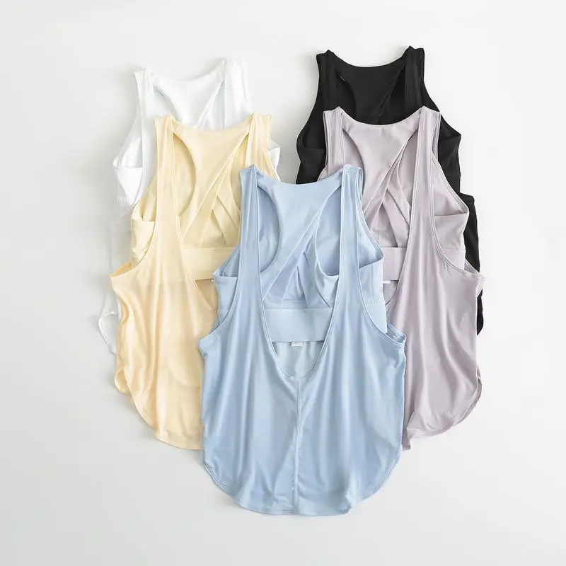 Summer yoga clothes vest women's shock-proof belt chest pad two **** top loose running fitness suit blouse