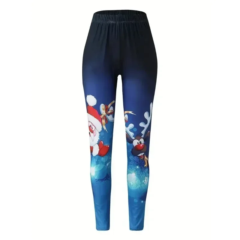 حجم كبير 1XL-5XL المرأة عادية عيد الميلاد طماق السيدات سانتا كلوز الرنة طباعة مطاطا عالية الارتفاع طفيف تمتد طماق #2