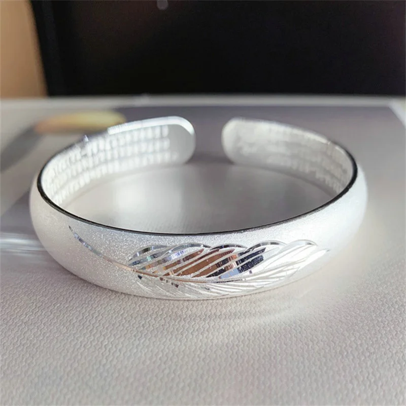999 Fine Silver Feather Open Bangle for Women Original Matte Silver Bracelet Engraved Scripture Inside Luxury Wedding Jewelry