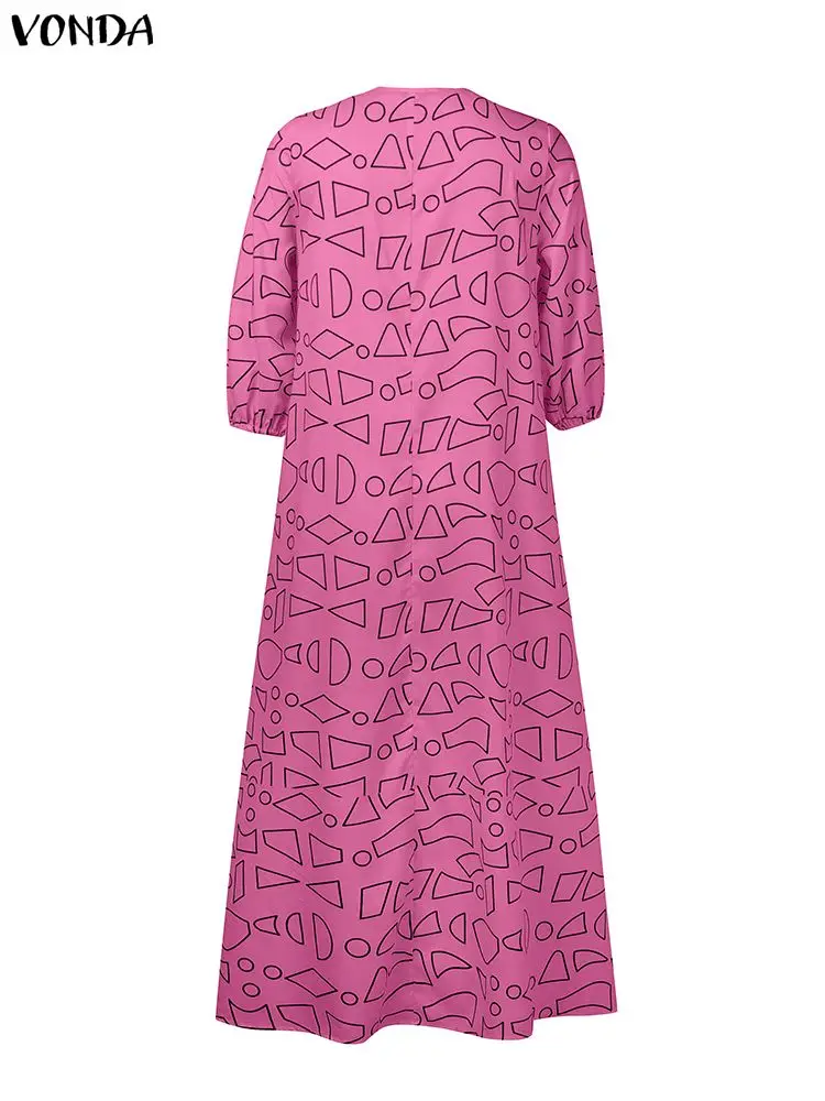 فوندا حجم كبير تكدرت المرأة البوهيمي فيستدوس الخريف طويل ماكسي رداء طباعة حفلة أنيقة 3/4 كم فستان فضفاض غير رسمي 5XL #5