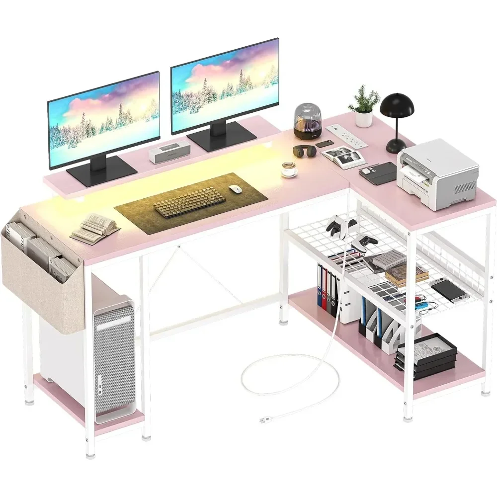 

t L-shaped Computer Desk with Power Socket and LED Light, 49.6-inch Computer Desk with Storage Shelves and Monitor Stand, Pink
