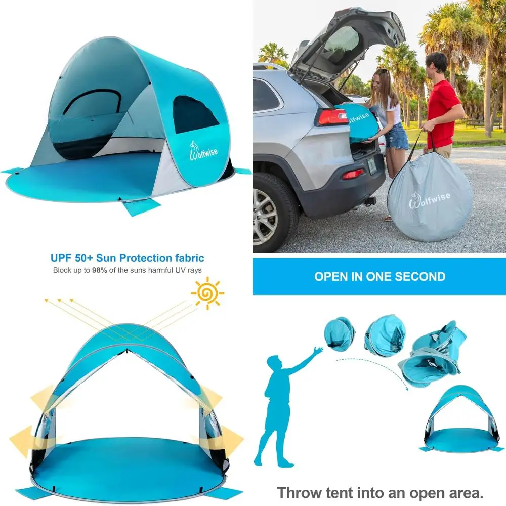 خيمة شاطئ سريعة الإعداد تتسع لـ 3 أشخاص مع مأوى شمسي بعامل حماية من الأشعة فوق البنفسجية 50+ ومظلة رياضية