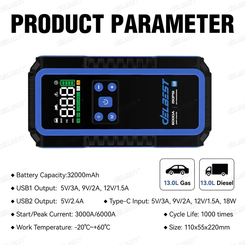 High Capacity Car Jump Starter with Tire Inflator 32000 mAh 13.0l Petrol and 13L Diesel Main Unit Dimensions 110x55x220mm