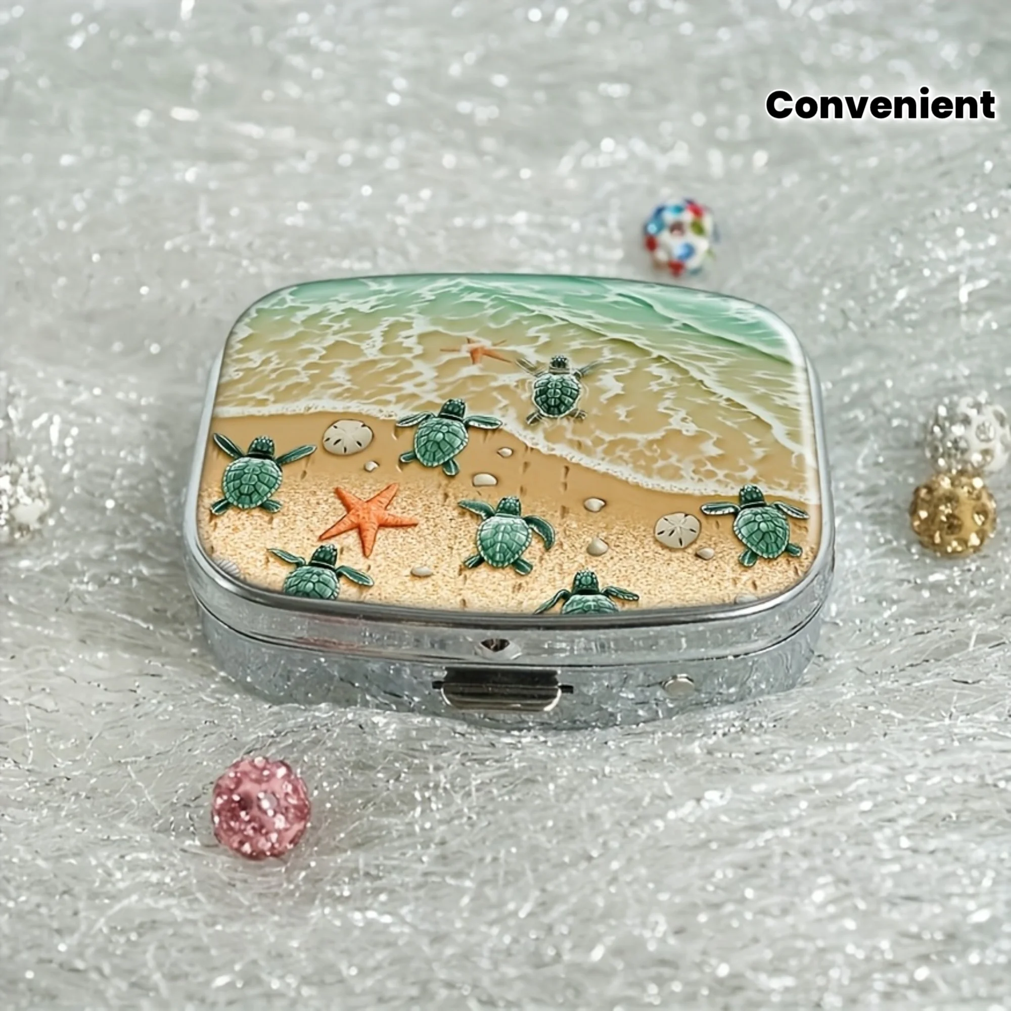 1 Piece Turtle Beach Pattern Pill Box - Stylish and Eye-Catching Design, Double-Layer Compartment Medicine Organizer, Portable Rectangular Vitamin Storage Box, Suitable for Handbags and Travel Use, Easy to Fit into a Convenient Storage Bag