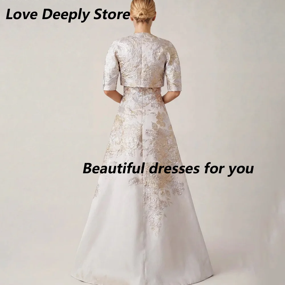Customized Ivory Gold Embossed Appliques Tube Strapless Mother Of The Bride Gown Floral Fabric 2 Piece Jacket A Line Guest Gown