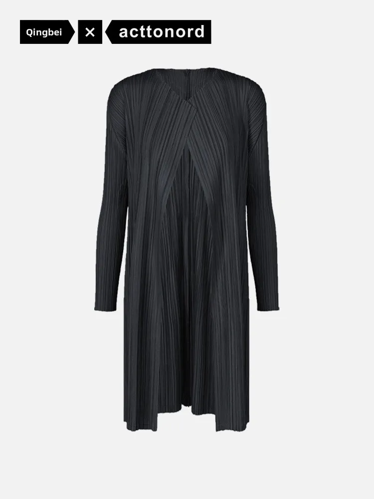 

Qingbei Acttonord Pleated Midi Open Cardigan Jacket Loose Slimming Windbreaker Spring Autumn Polyester Fiber Long Sleeve