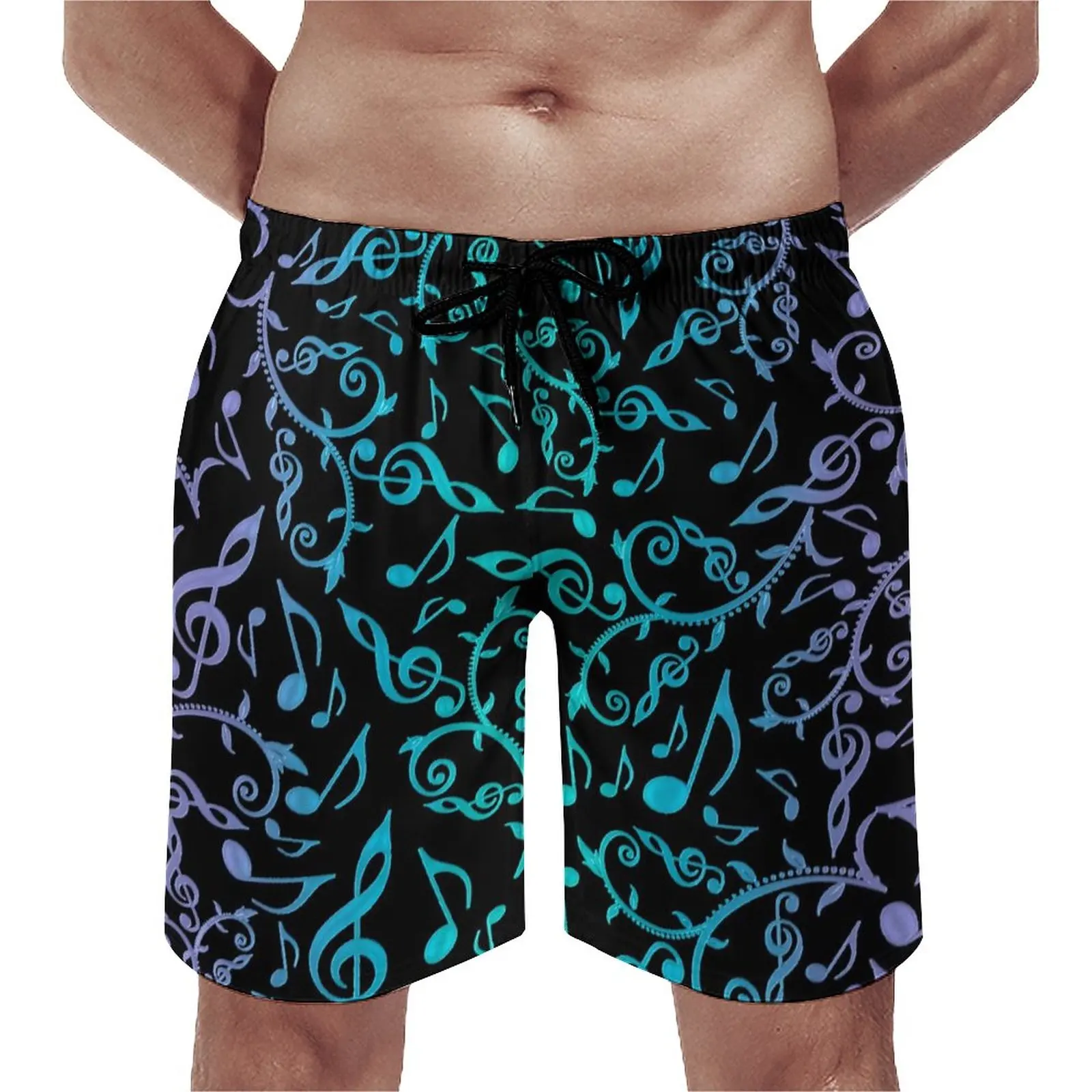 Gradient Music Notes Board Shorts Comfortable Male Beach Pants  Blue Green Purple Trenky Swimming Trunks Oversize