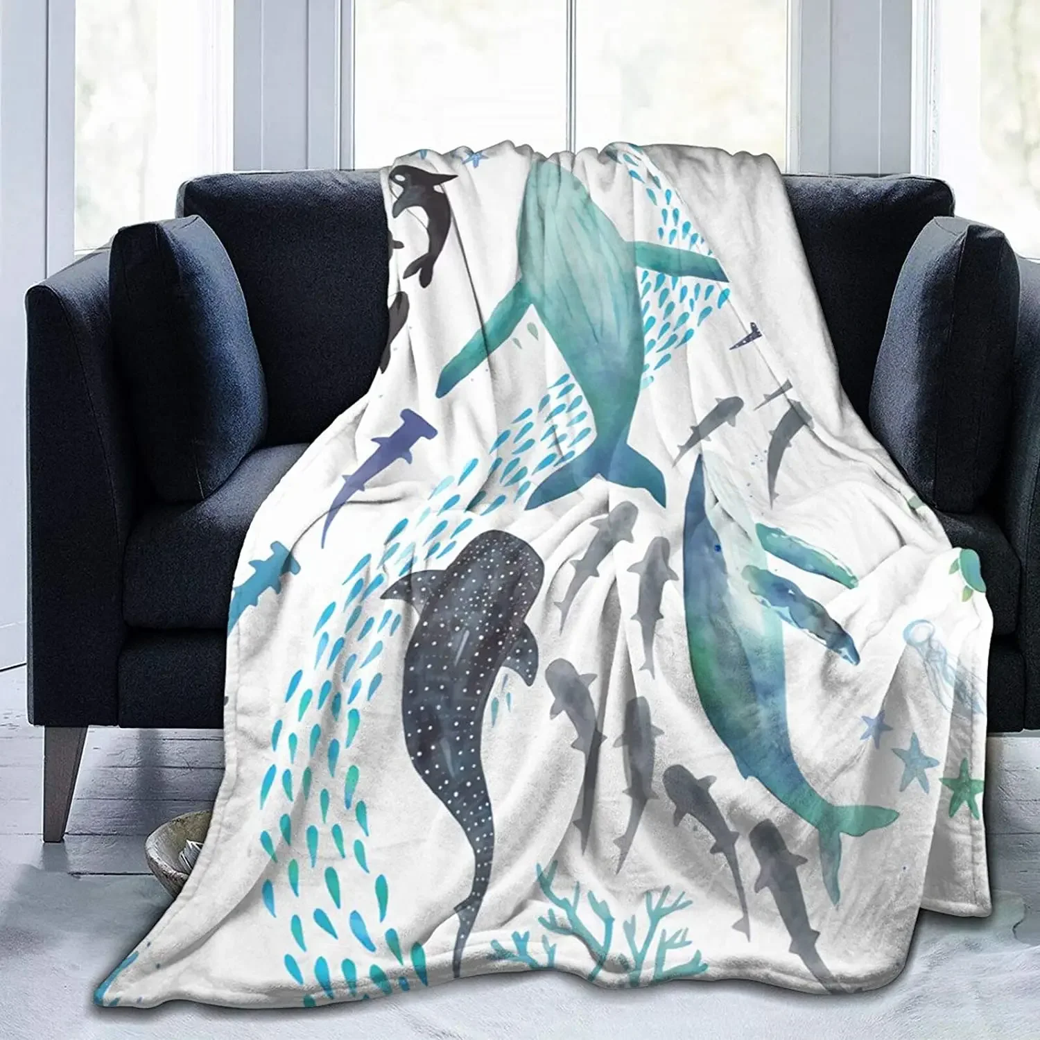 Funny Plush Microfiber Throw Blanket Sharks Humpback Whales Orcas Turtles Ocean Blankets for All Season Air Conditioning Blanket