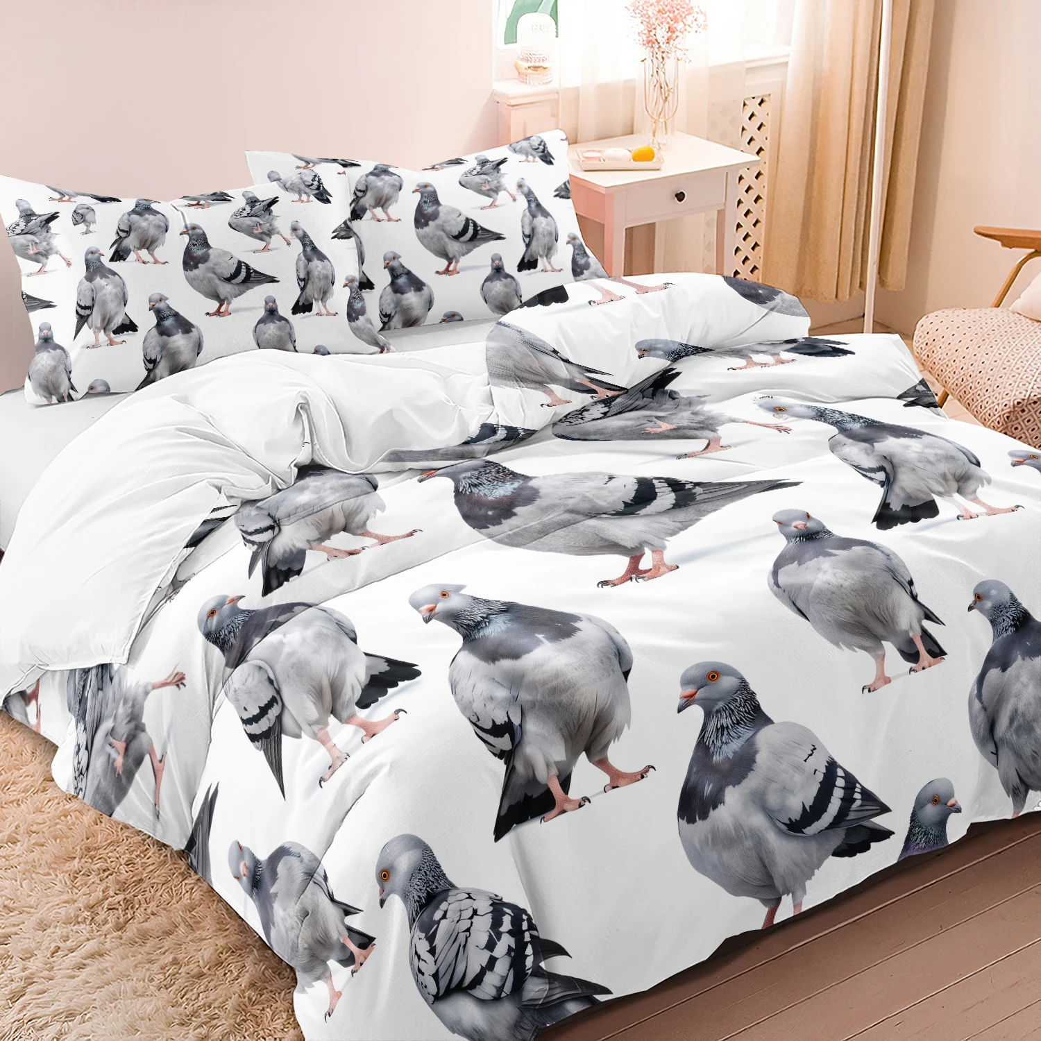 3Pcs Fun Realistic Pigeon Bird Duvet Cover Set, Lifelike Grey Rock Pigeons in Different Poses, Quirky Animal Themed Bedding