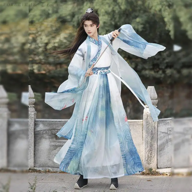 Ancient Hanfu Sets Men Chinese Traditional Cosplay Costume Male Stage Performance Wuxia Clothing Blue White Plus Size 3XL Dress view 4