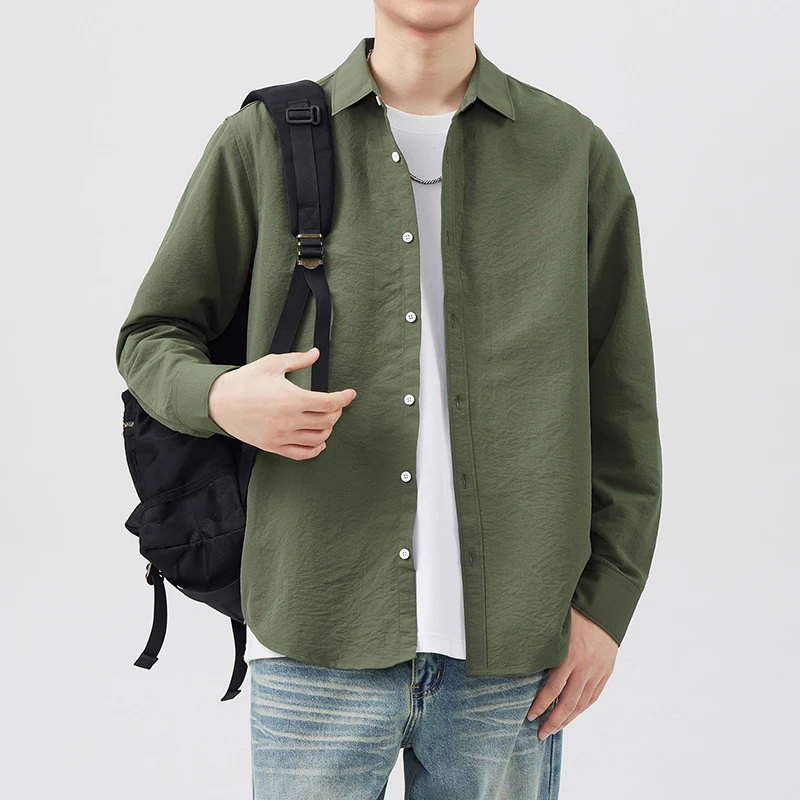 

High-End Men's Long Sve irt Spring Autumn Loose Casual Pointed Collar Simple Versatile Outerwear M Stand Fit Polye...