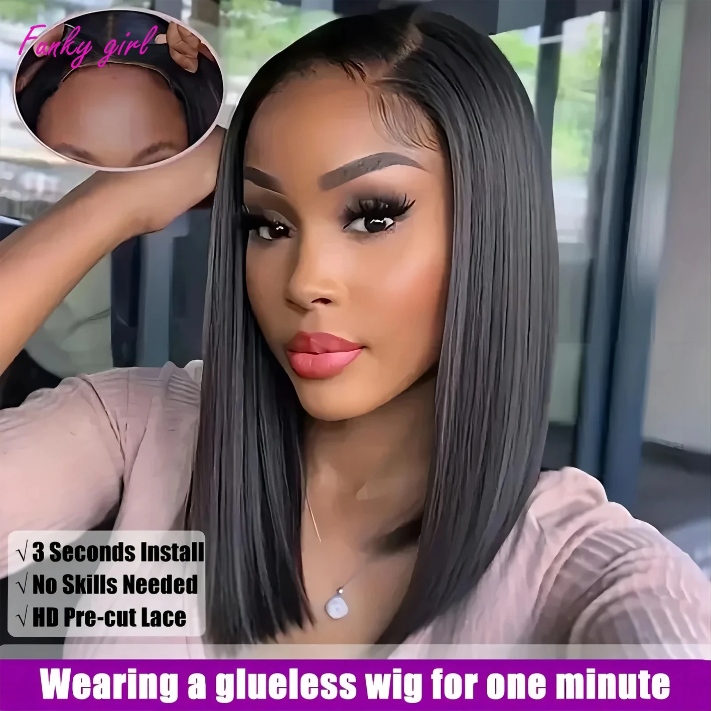 Perruque Bob Lace Closure Wig Naturelle Sans Colle, Cheveux Lisses, 4x4, Prêt à vitation, Transprent, Bon Marché, pour Femme