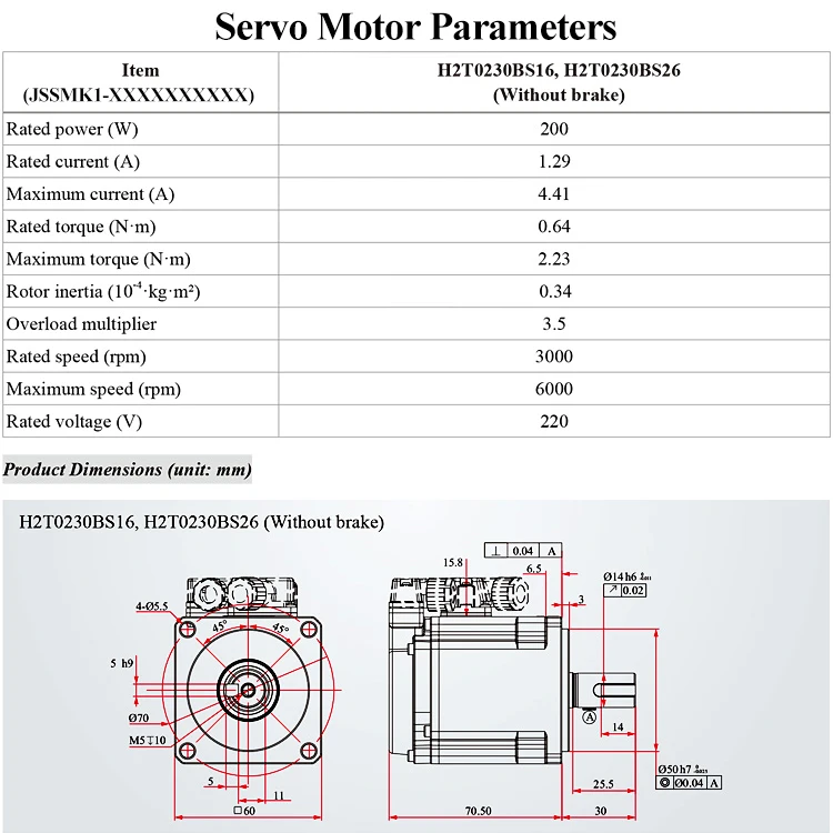 200 W AC-Servomotor-Kit, 17-Bit-Absolutwertgeber, 3000 U/min, 0,64 Nm AC-Servomotor mit 220 V einphasigem Servoantrieb
