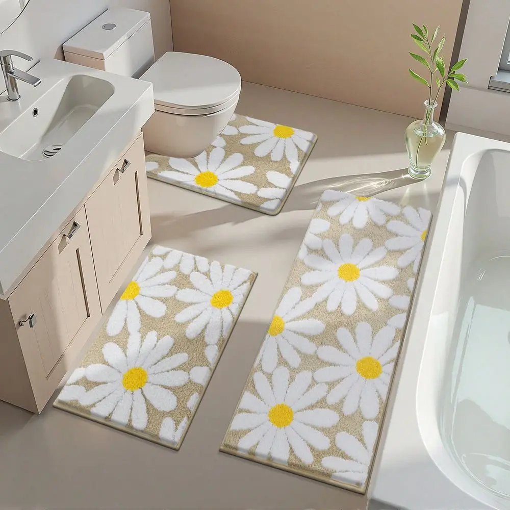 

3 Piece Bathroom Rug Mat Set, Microfiber Shaggy Bath Mat Set, NonSlip Ultra Soft Carpet Mats, Absorbent Bathroom Mat Set With U