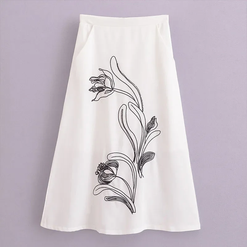 Women\'s 2024 Summer Vintage Midi Skirt New Fashion Casual A-Line with Contrast Embroidery Side Pockets Autumn Style for Female