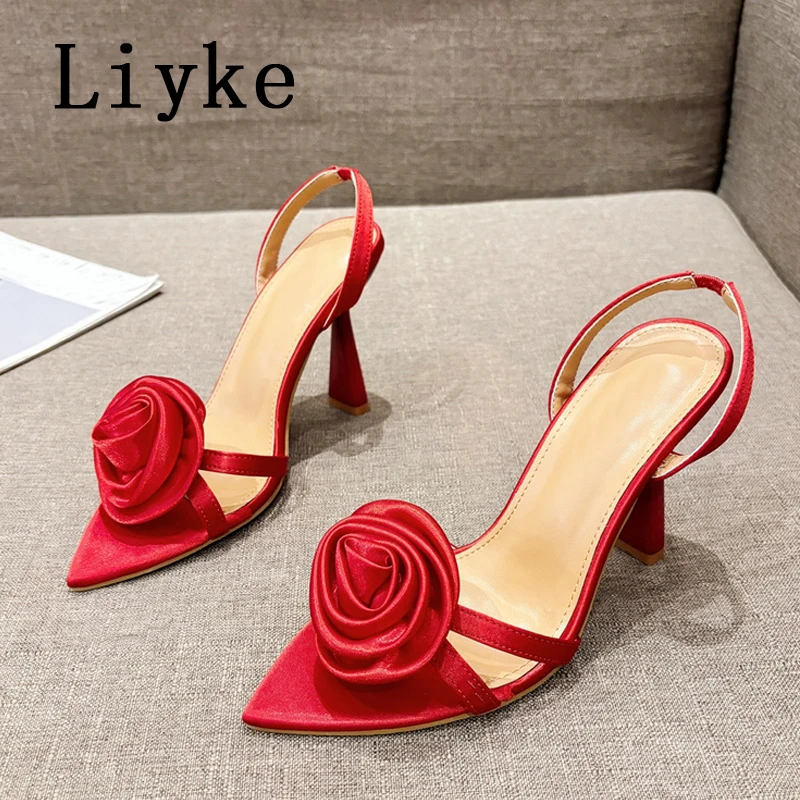 Liyke Sexy Slingback Sandals Women Summer Fashion Rose Flowers Pointed Open Toe Back Strap High Heels Party Dress Shoes Size 41