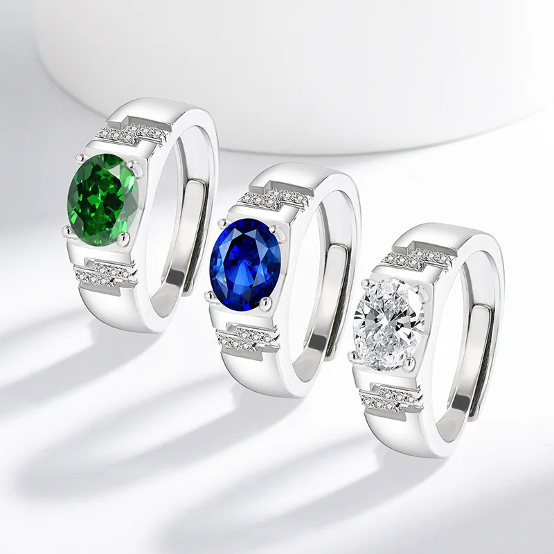 925 Sterling Silber Herrenring mit Zirkonia, Verstellbarer Ovaler Edelsteinring, Modeschmuck für Männer, Tägliches Tragen Geschäftsgeschenk
