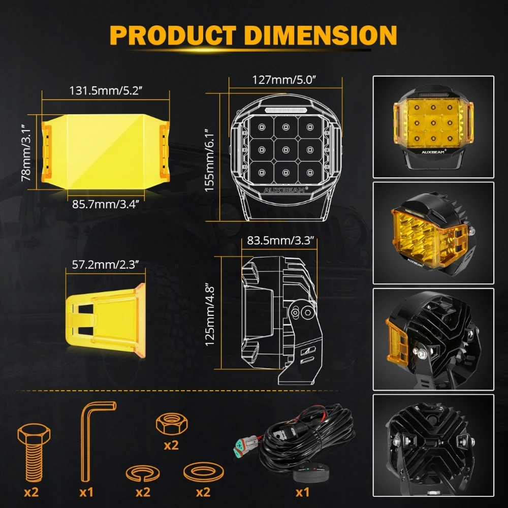 AUXBEAM V-MAX SERIES 5 INCH 168W 16440LM LED Work Light with Amber / Black Shell DRL Driving Lamp Spot + SIDE SHOOTER Pod Light