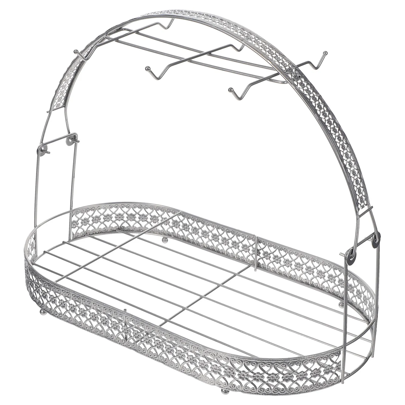 6 Hooks Wrought Iron European Style Coffee Cup Holder Rack Tea Set Organizer Stand with Wire Basket Storage Coffee Mug Rack
