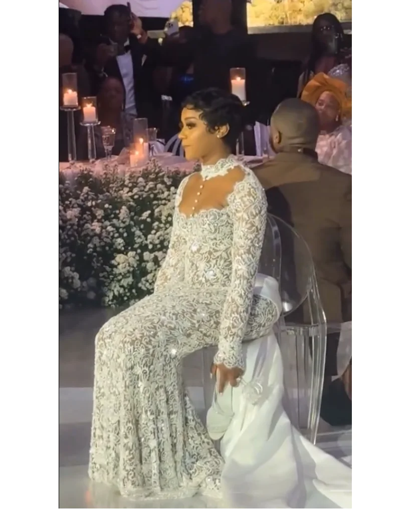 Lace Mermaid Dress with Train Pearls Evening Dresses High Neck and Long Sleeves Bridal Gown Customizable Boho Trailing Gown