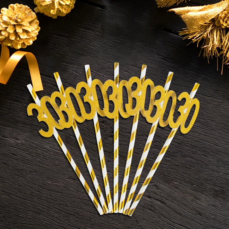 

10pcs Gold Striped Paper Disposable Straws 30th 40th 50th 60th Birthday Anniversary Straws for Adult 30 40 50 Years old Birthday