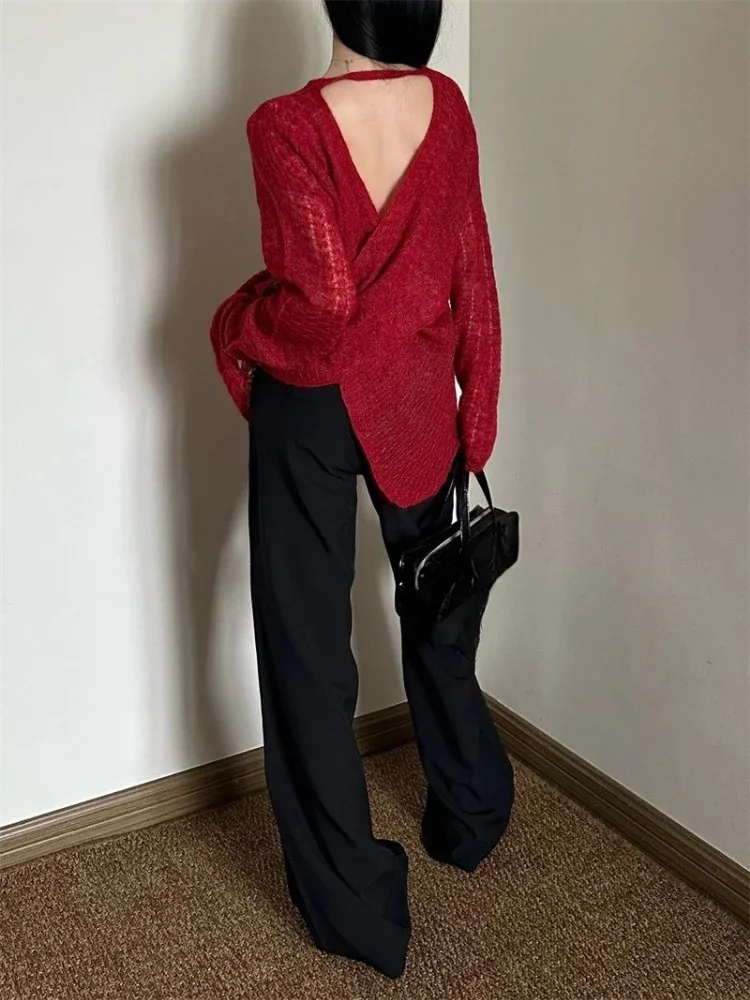 Y2K See-Through Knitted Women's T-Shirt, Vintage Cross Backless Sexy Loose Top