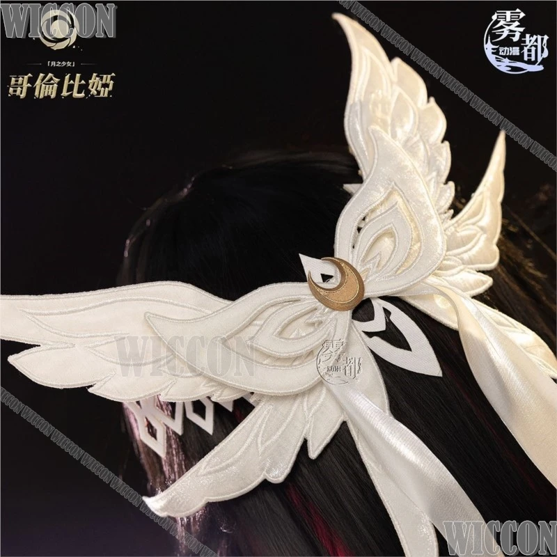 كولومبينا جينشين تأثير دامسيليت لعبة تأثيري حلي فتاة الأرجواني الأبيض فستان الجناح شعر مستعار الدعامة امرأة فستان الهالوين نافيداد