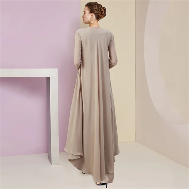 Elegancki garnitur plażowy na wesele, 3-częściowy, dla matki panny młodej, na formalne okazje, dla gościa weselnego, z dekoltem w serek, do ziemi, szyfonowy, koronkowy, bez rękawów, z narzutką.