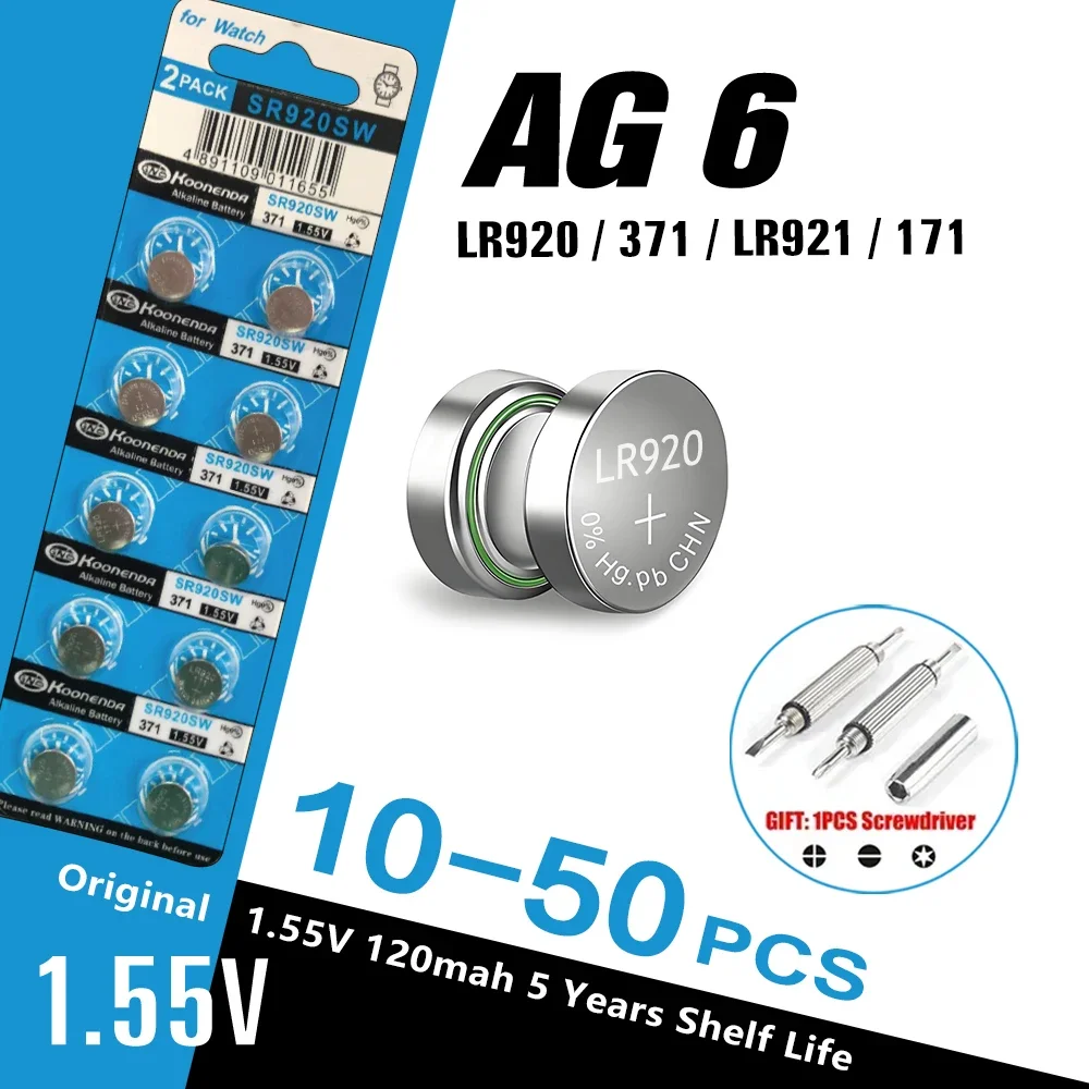 10-50PCS 1.55VAG6 120mAh371 Button Batteries SR920SW LR920 SR927 171 370 L921 LR69 SR920  For Watch Toys Remote Cell Coin Batter