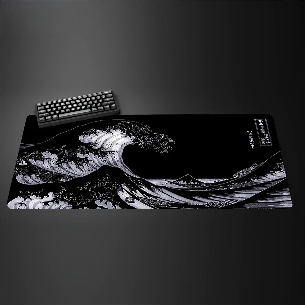 XXL 90x45cm PU Leather Mouse PadBlack and White Giant Wave Keyboard Game Anime Non-slip Leather Art Computer Desk Mat Carpet
