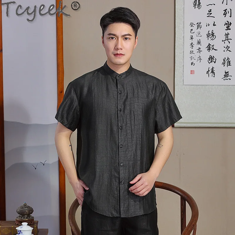 

Tcyeek 100% Real Mulberry Silk Mens Shirts Summer Short Sleeve Top Stand Collar Black Shirt Men Clothing Loose Fit 2024 قمصان