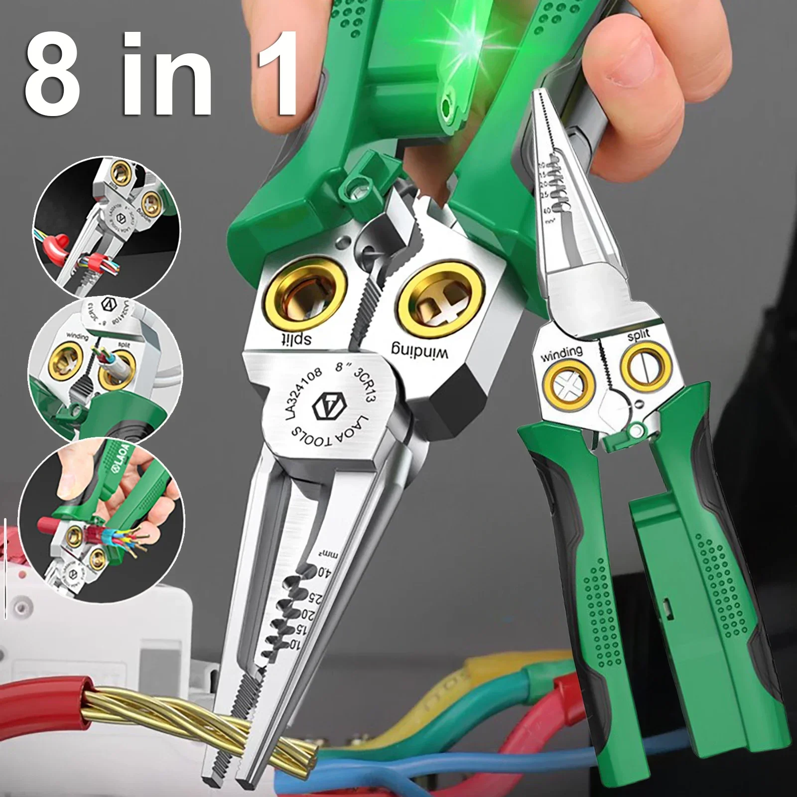 

8 in 1 Stainless Steel Wire Stripping Needle Nose Pliers Non-slip Multi-function Wire Stripper with Electricity Tester Function