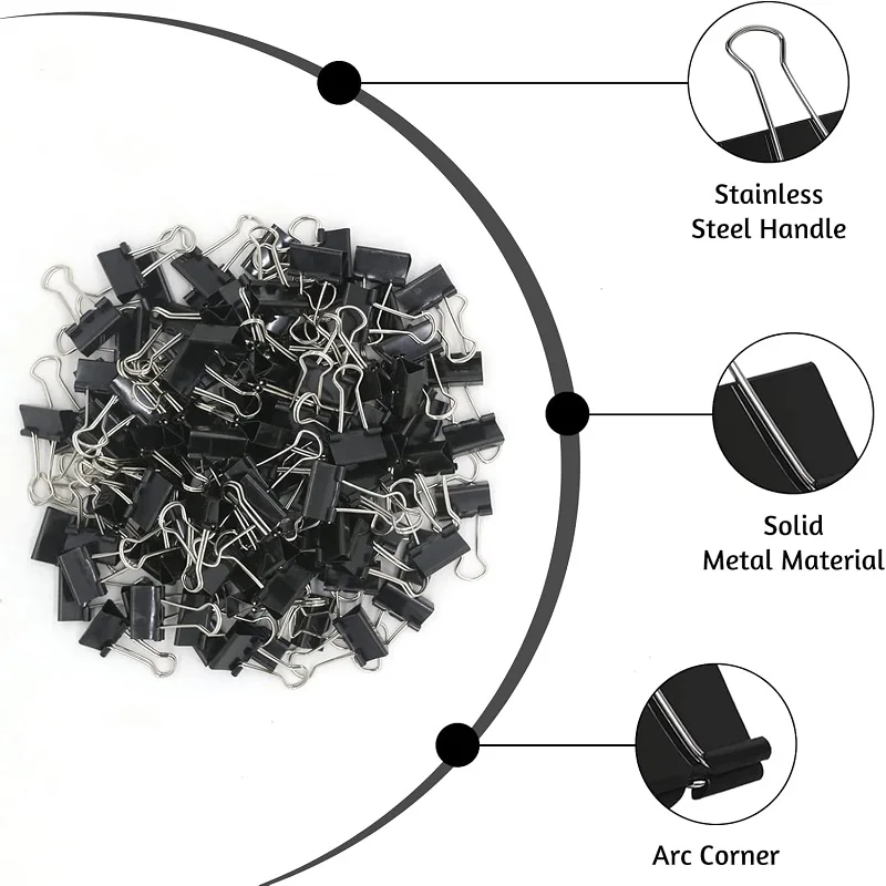 ブラックミニバインダークリップ、家庭用オフィスペーパークリップ、学校収納、折りたたみ式、15mm、60個