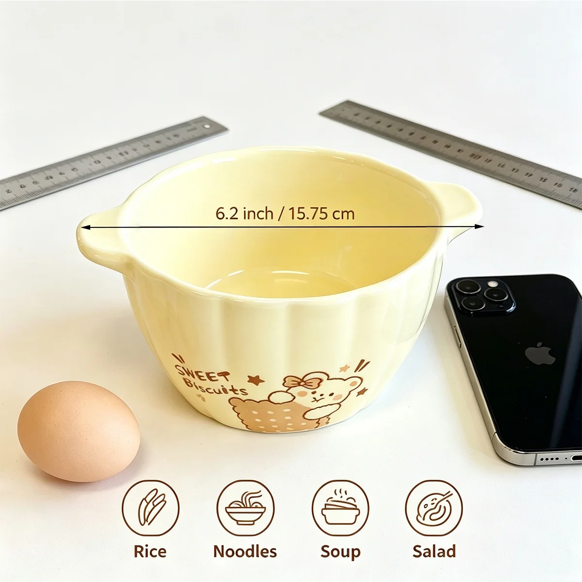 6.2in Cute Animal Double-ear Bowl with Spoon, Multi-purpose Single Bowl for Rice/Soup/Salad/Dessert, Microwave & Dishwasher Safe