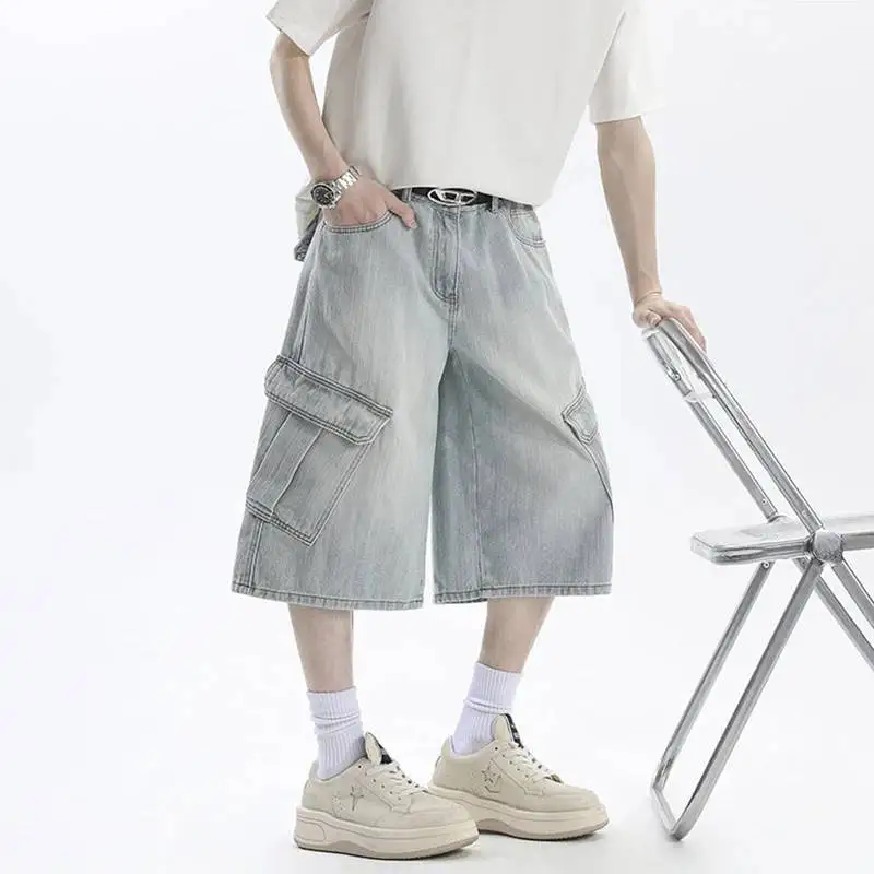 LUZHEN Washed 2026 Pockets Summer Multi Vintage Design Style Straight Cropped Jeans Men Trendy High Quality Denim Shorts JY8477