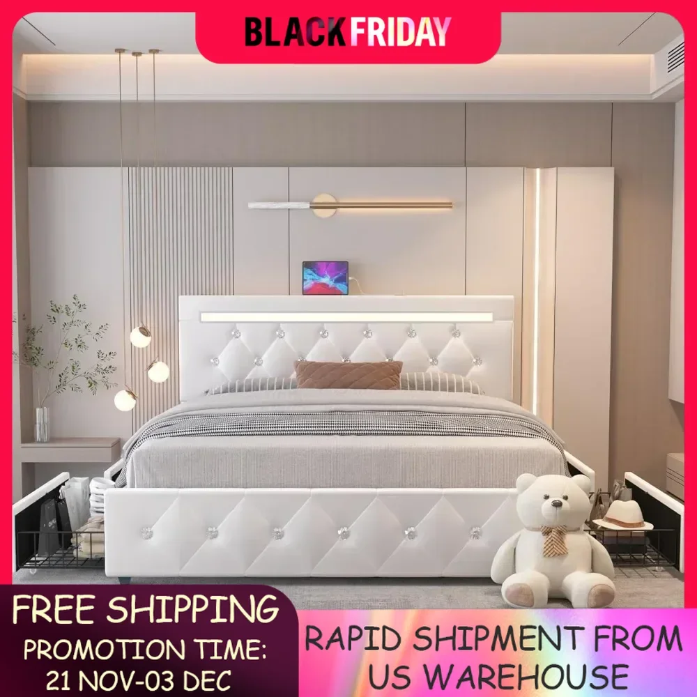 Bed Frame with 4 Drawers and LED Light, Charge Station, PU Leather Upholstered Platform Storage Bed with Adjustable Headboard