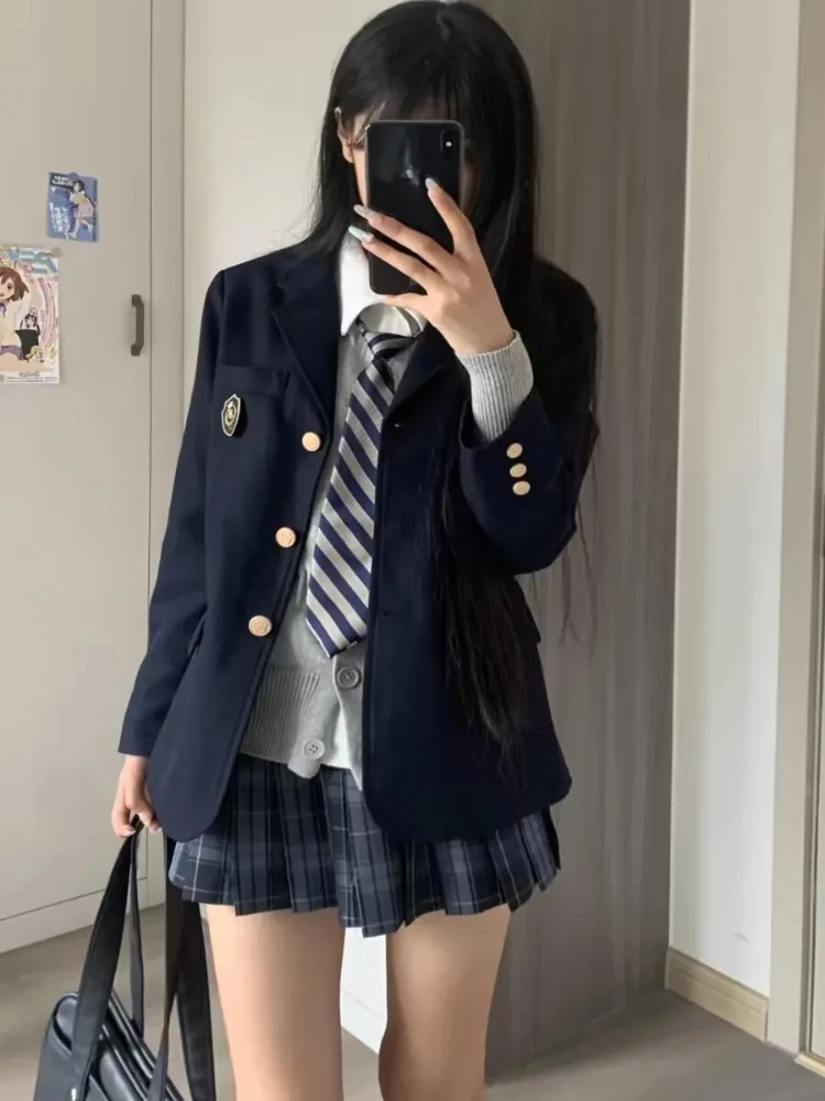 الكورية كلية نمط الإناث JK الحلو منقوشة الراقية البدلة سترة قاعدة قميص عالية الخصر منقوشة مطوي تنورة ثلاث قطع مجموعة