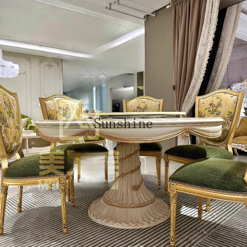 French retro solid wood court style villa mansion villa round dining table gold foil old chair  FT