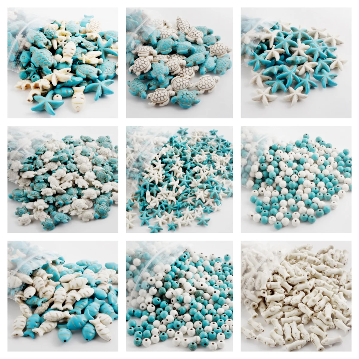 30pcs Mixed Style Summer Beach Blue/White Marine Animal Loose Beads Starfish Dolphin Turtle Round Beads Spacer DIY Crafts