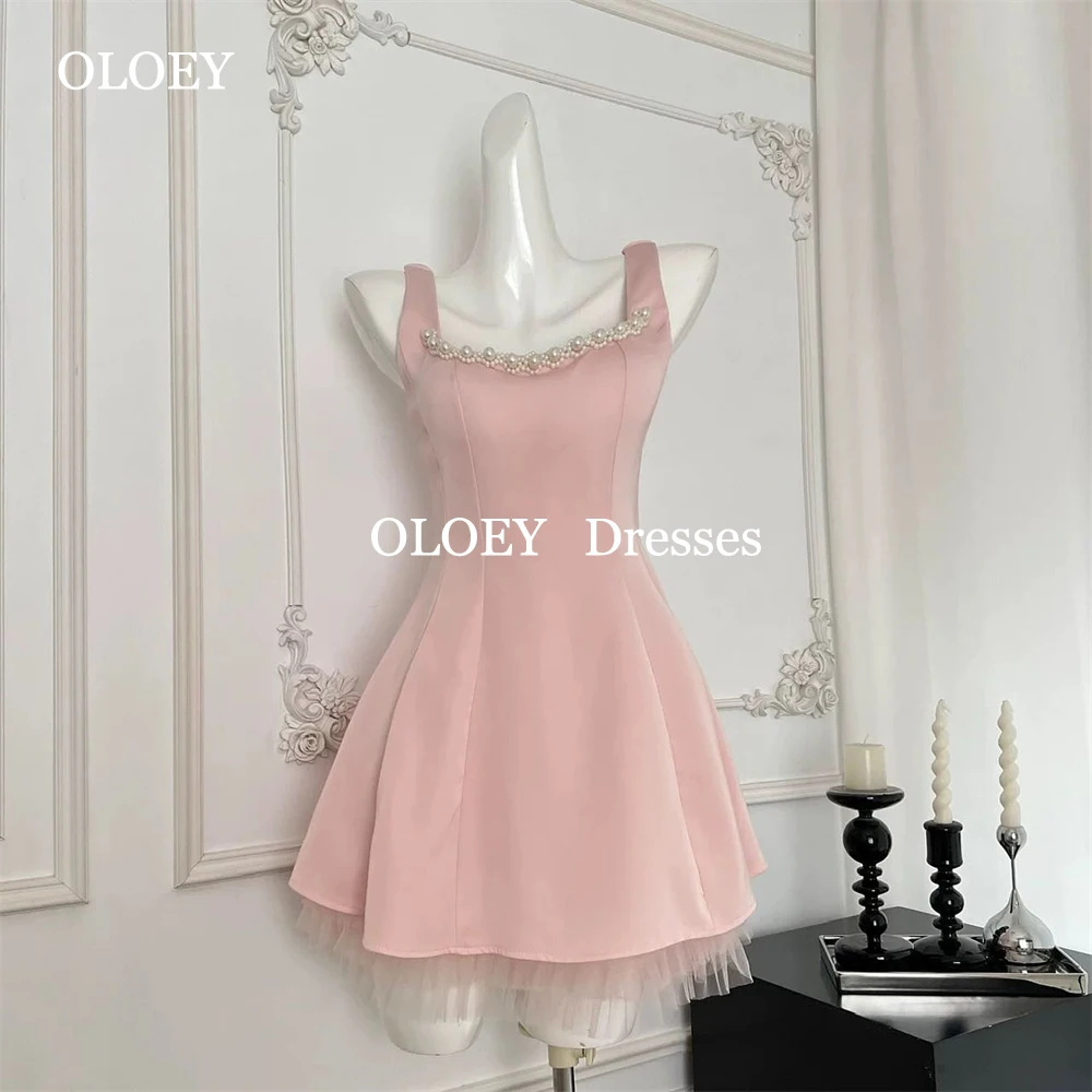 

OLOEY Modern Pink A Line Short Prom Cocktail Dresses Customized Beading Pearls Sleeveless Mini Wedding Party Gowns Zipper Back