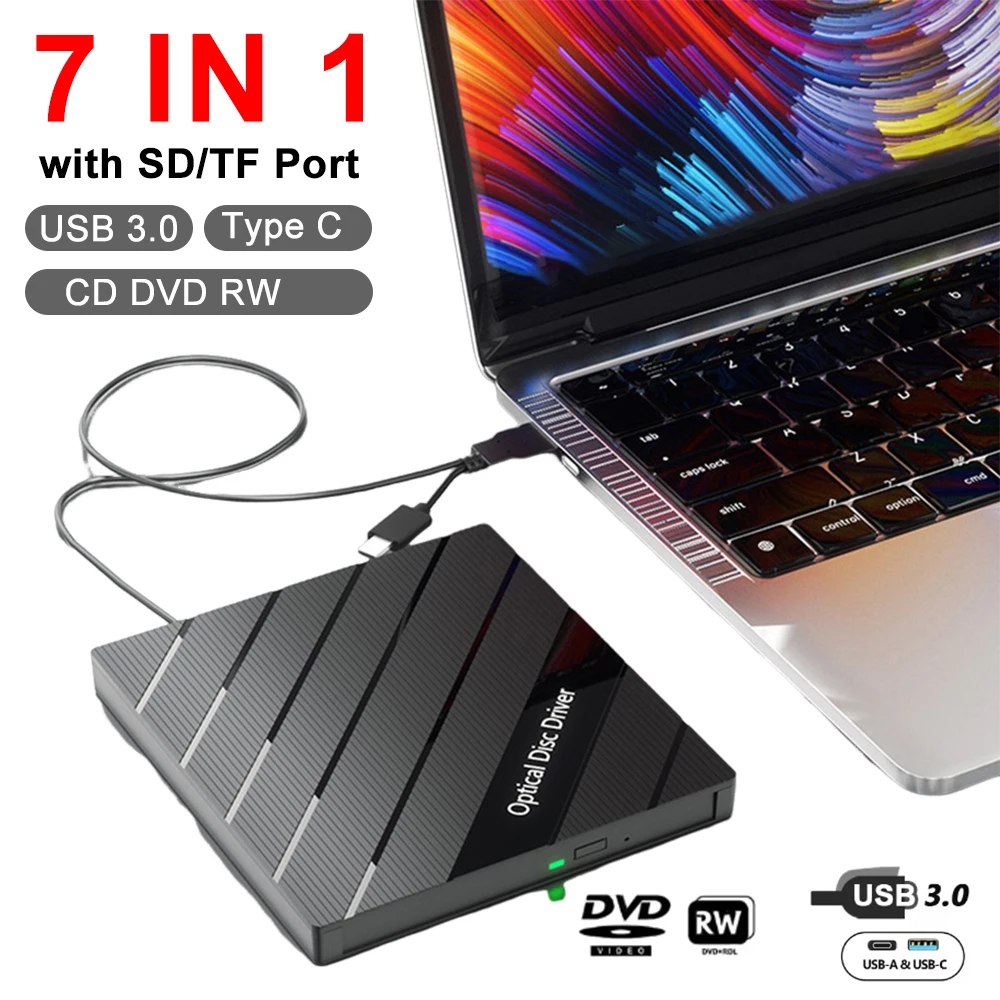 7 in 1 USB 3.0 Type C External Optical Drive High Speed CD DVD RW DVD Player Burner Reader with SD/TF Port For PC Laptop Desktop