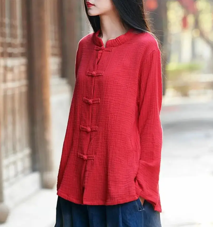 Women's plus Size Cotton Linen Button-Up Shirt Vintage Chinese Style Casual Long Sleeve Top for Spring/Autumn