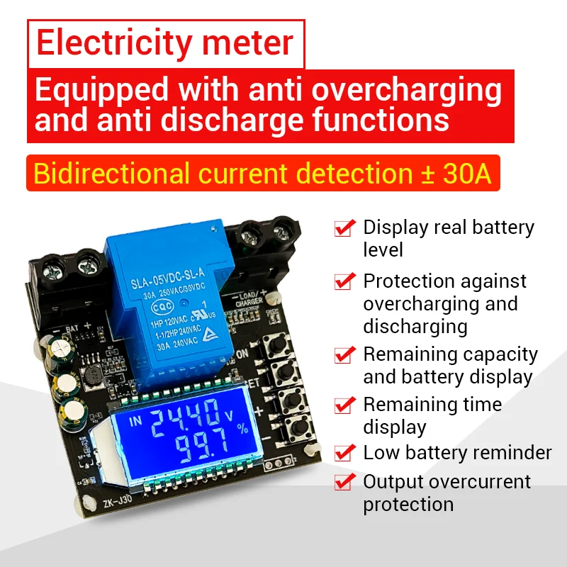 

DC Lithium Battery Charging Control Module Full Power Off DC Voltage Protection Under Voltage Power Loss Protector 6-60V ZK-J30