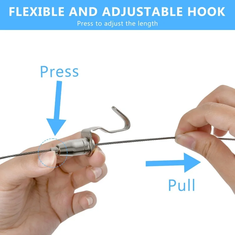 1Set Adjustable Automatic Wire Rope Spring Hook Clothesline Hanging Code Stainless Steel Cable Picture Decorate Hanger