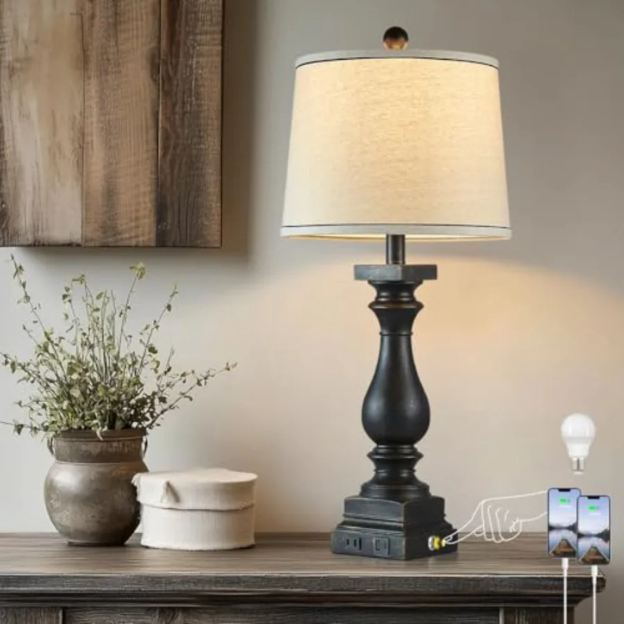 

28" Tall Farmhouse Table Lamps with USB C+A Ports and AC Outlet, 3 Way Touch Control Rustic Bedside Lamps for Bedroom, Black Vi