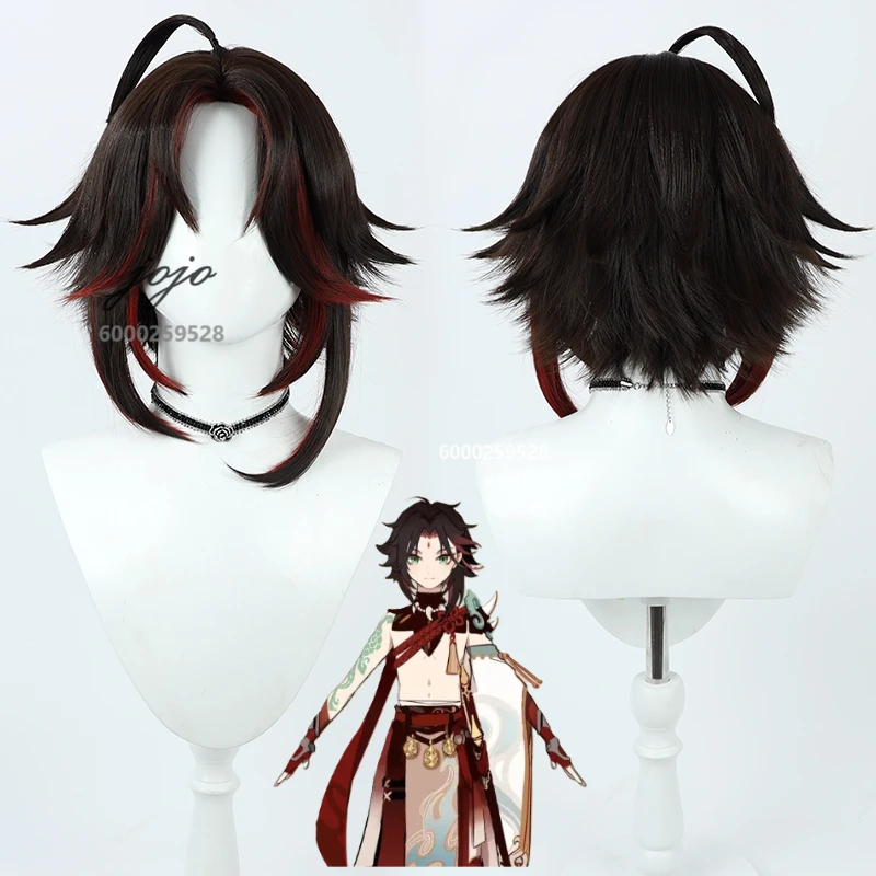 Genshin Impact Game Xiao Cosplay Wig Brown Red Short Hair Heat Resistant Synthetic Halloween Christmas Party Women men Wigs Cap