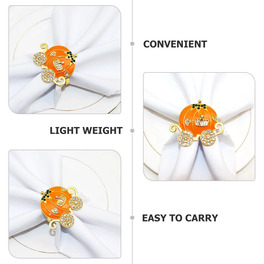 2Pcs Elegant Pumpkin Cart Napkin Rings Alloy Rhinestone Table Decor Napkin Holders for Holiday Party Formal Casual Dining Table